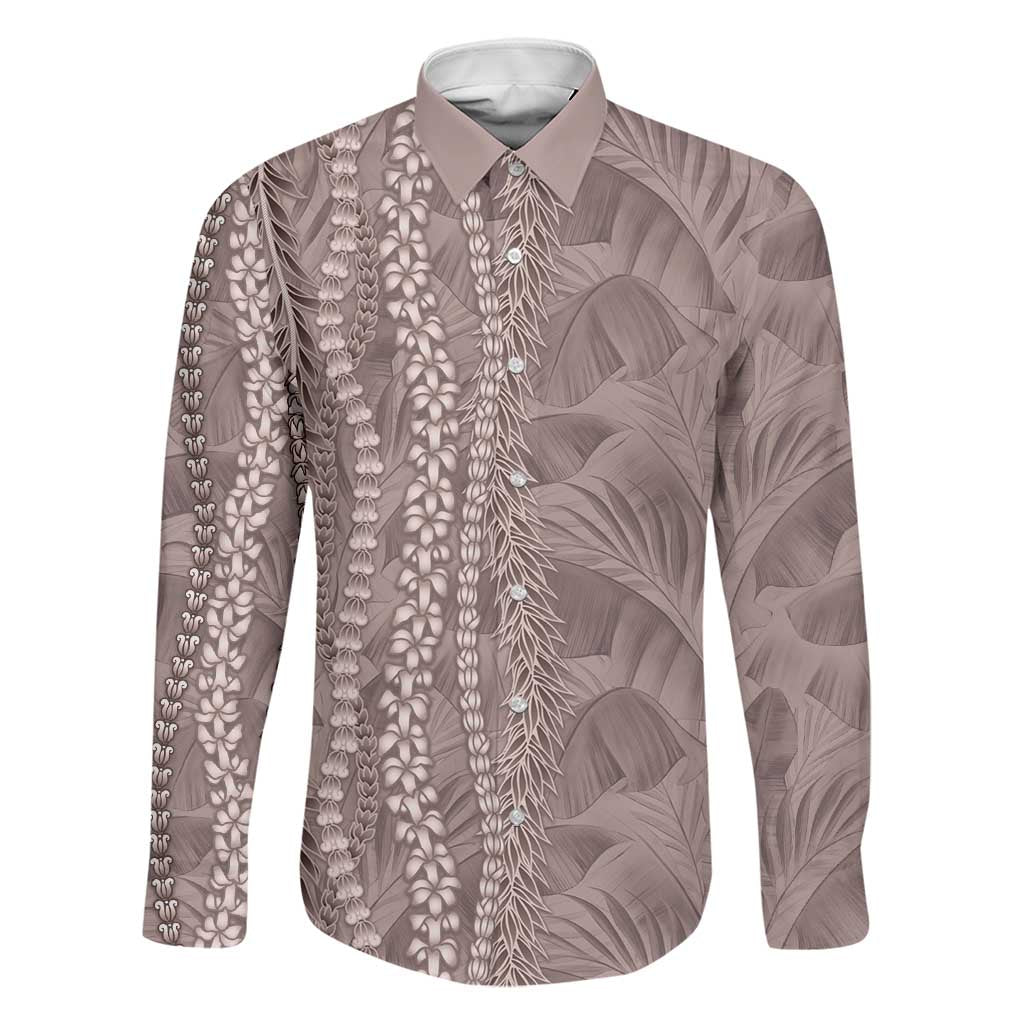 Hawaii Prince Kuhio Family Matching Off Shoulder Maxi Dress and Hawaiian Shirt Mocha Hawaiian Lau Maia With Leis LT05 Dad's Shirt - Long Sleeve Mocha - Polynesian Pride