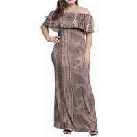 Hawaii Prince Kuhio Family Matching Off Shoulder Maxi Dress and Hawaiian Shirt Mocha Hawaiian Lau Maia With Leis LT05 Mom's Dress Mocha - Polynesian Pride
