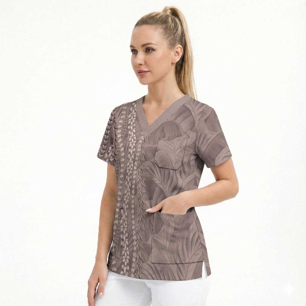 Hawaii Prince Kuhio Scrub Top Mocha Hawaiian Lau Maia With Leis
