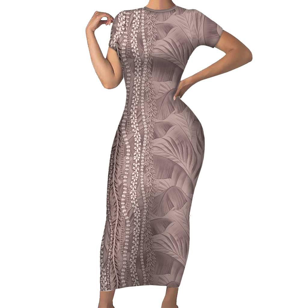 Hawaii Prince Kuhio Short Sleeve Bodycon Dress Mocha Hawaiian Lau Maia With Leis LT05 Long Dress Mocha - Polynesian Pride