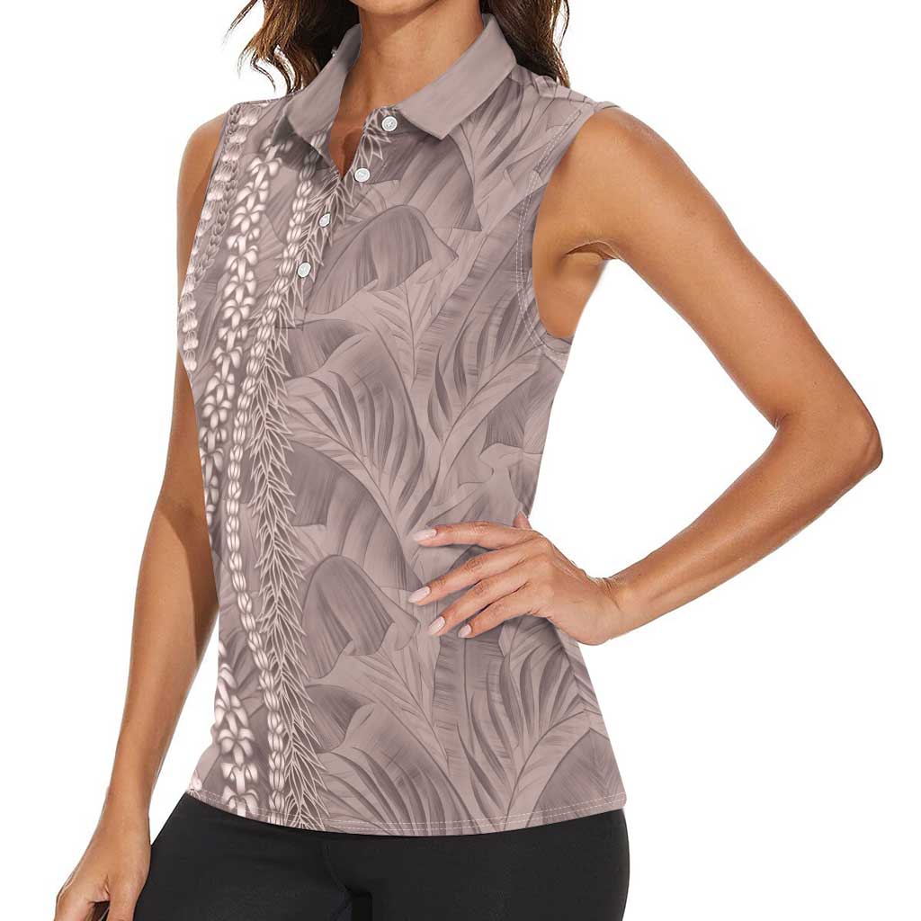 Hawaii Prince Kuhio Women Sleeveless Polo Shirt Mocha Hawaiian Lau Maia With Leis LT05 - Polynesian Pride
