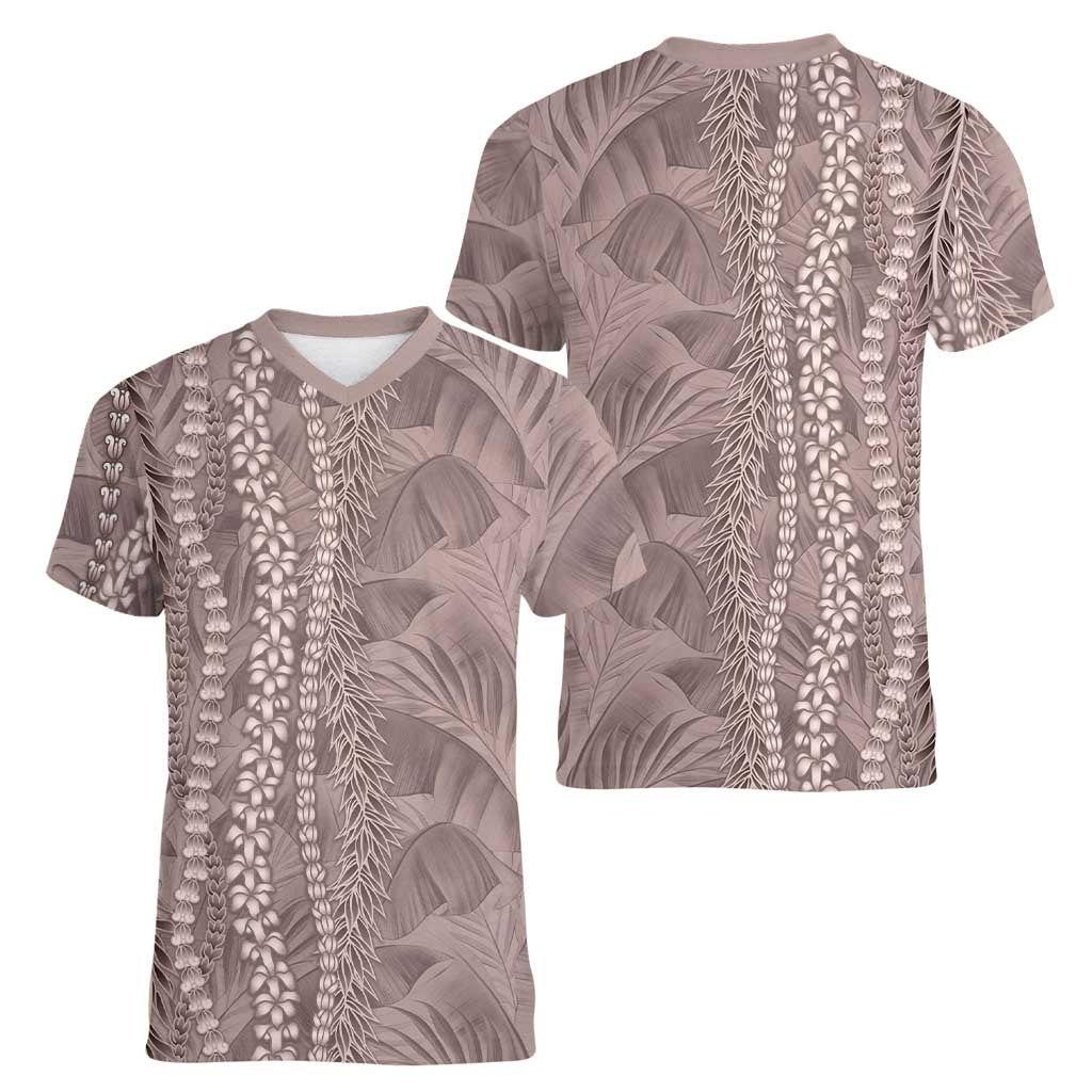 Hawaii Prince Kuhio Women V-Neck T-Shirt Mocha Hawaiian Lau Maia With Leis LT05 - Polynesian Pride
