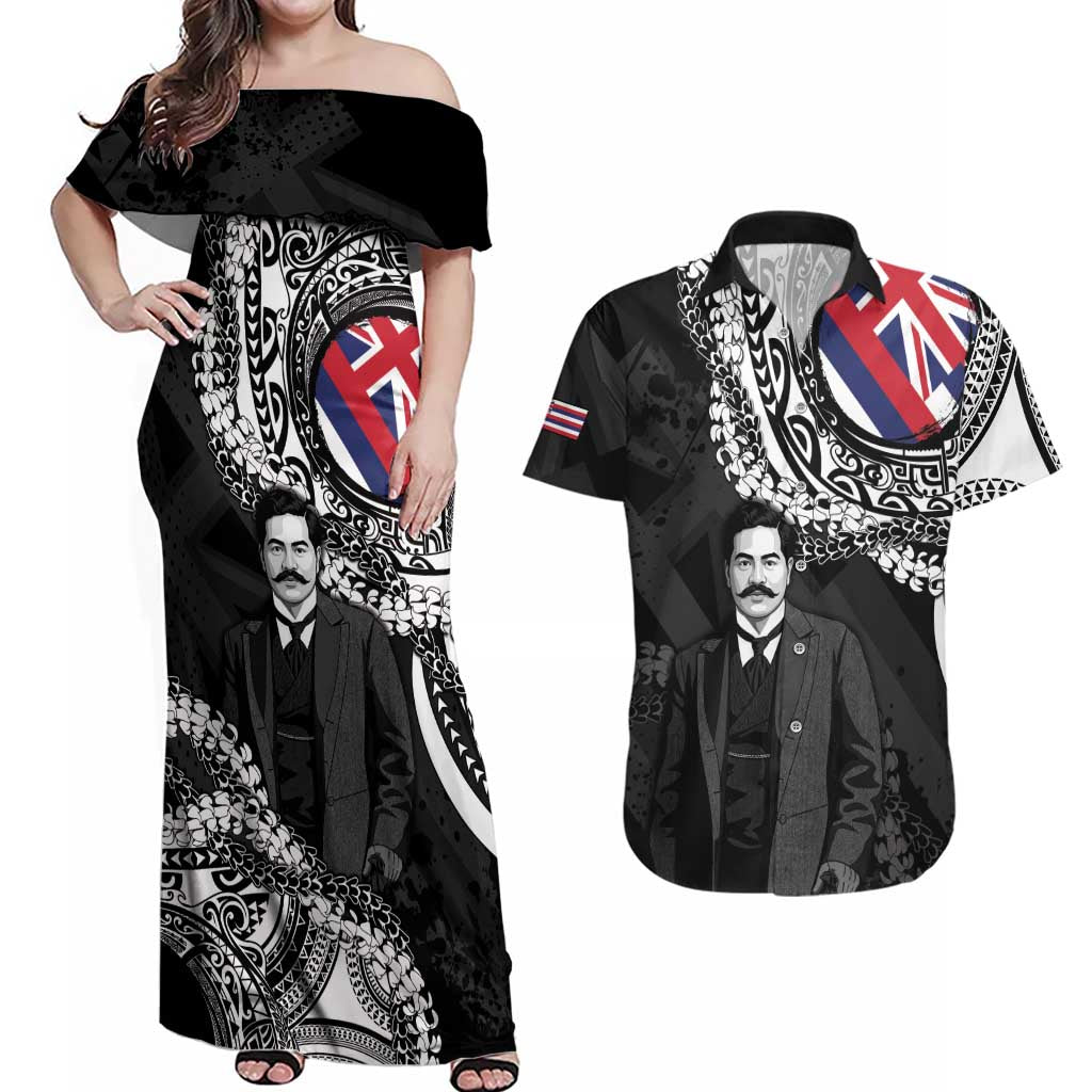 Personalised Hawaii Prince Kuhio Couples Matching Off Shoulder Maxi Dress and Hawaiian Shirt Hawaiian Maile Lei LT05 Black - Polynesian Pride