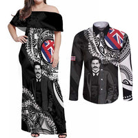 Personalised Hawaii Prince Kuhio Couples Matching Off Shoulder Maxi Dress and Long Sleeve Button Shirt Hawaiian Maile Lei