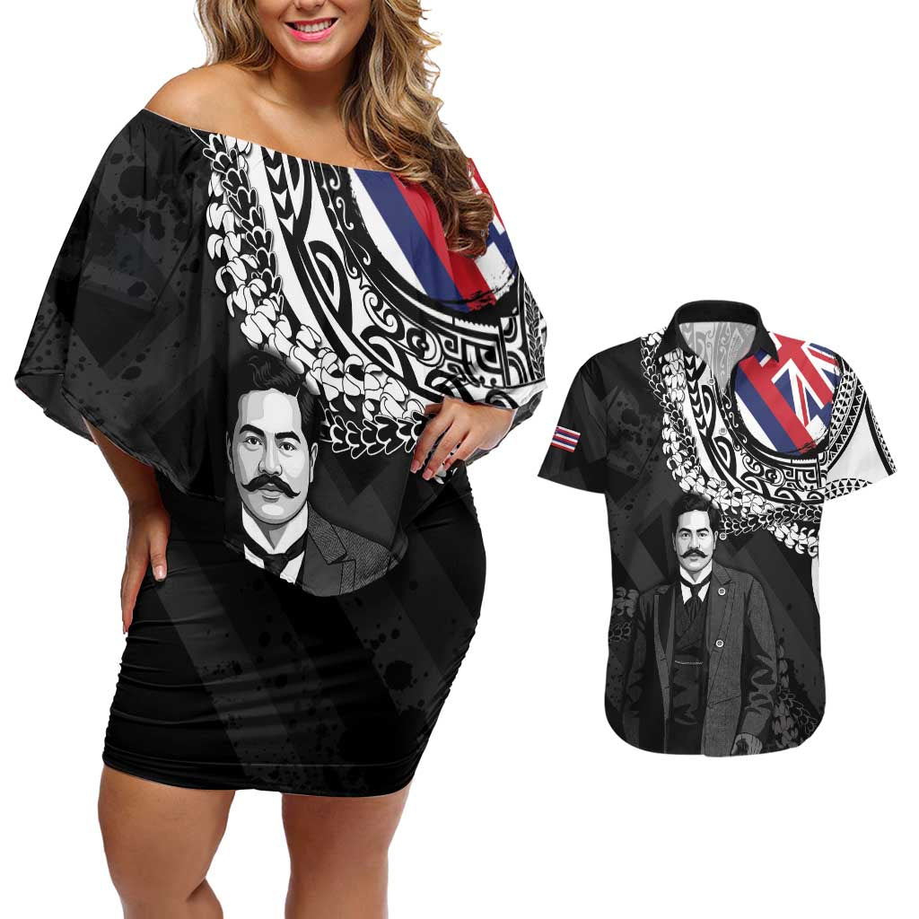Personalised Hawaii Prince Kuhio Couples Matching Off Shoulder Short Dress and Hawaiian Shirt Hawaiian Maile Lei