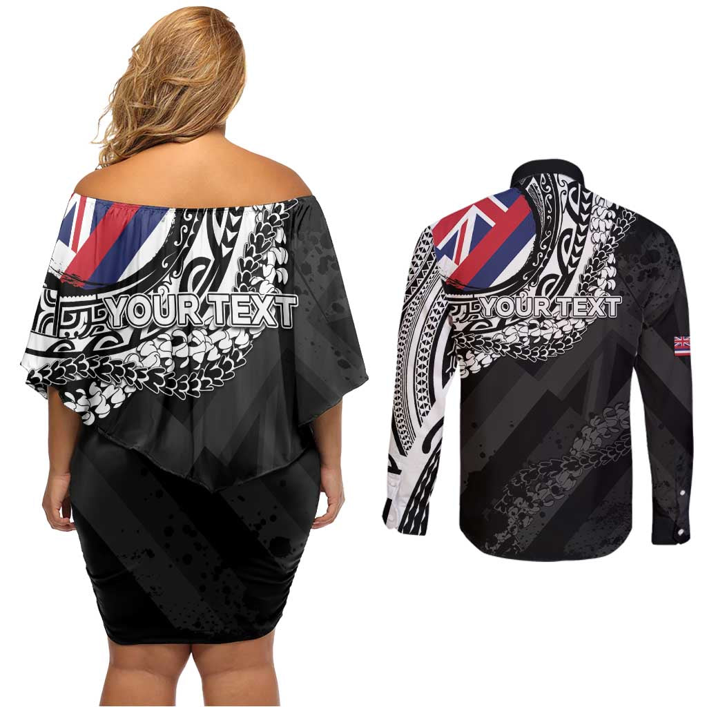 Personalised Hawaii Prince Kuhio Couples Matching Off Shoulder Short Dress and Long Sleeve Button Shirt Hawaiian Maile Lei LT05 - Polynesian Pride