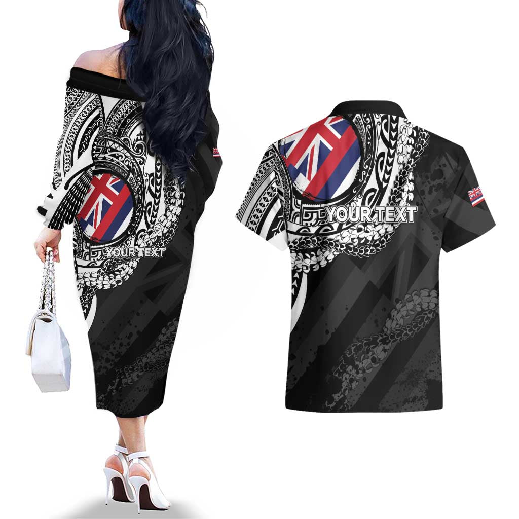 Personalised Hawaii Prince Kuhio Couples Matching Off The Shoulder Long Sleeve Dress and Hawaiian Shirt Hawaiian Maile Lei LT05 - Polynesian Pride