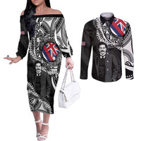 Personalised Hawaii Prince Kuhio Couples Matching Off The Shoulder Long Sleeve Dress and Long Sleeve Button Shirt Hawaiian Maile Lei LT05 Black - Polynesian Pride