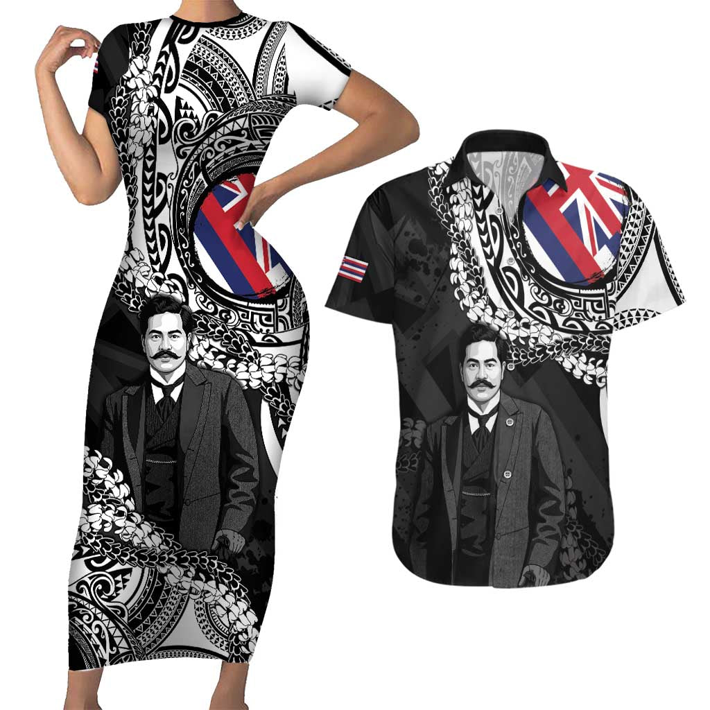 Personalised Hawaii Prince Kuhio Couples Matching Short Sleeve Bodycon Dress and Hawaiian Shirt Hawaiian Maile Lei LT05 Black - Polynesian Pride