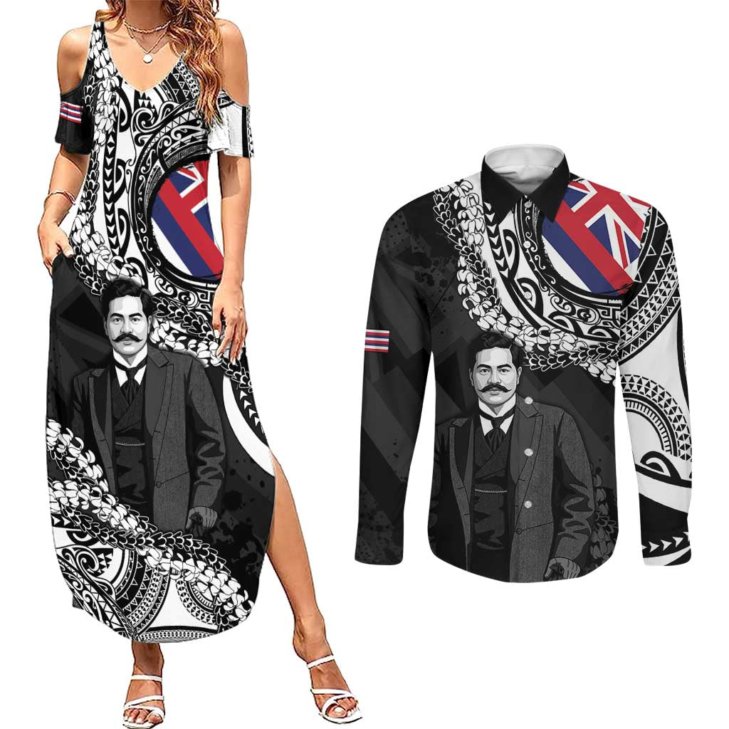 Personalised Hawaii Prince Kuhio Couples Matching Summer Maxi Dress and Long Sleeve Button Shirt Hawaiian Maile Lei