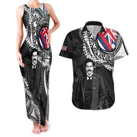 Personalised Hawaii Prince Kuhio Couples Matching Tank Maxi Dress and Hawaiian Shirt Hawaiian Maile Lei LT05 Black - Polynesian Pride