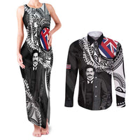 Personalised Hawaii Prince Kuhio Couples Matching Tank Maxi Dress and Long Sleeve Button Shirt Hawaiian Maile Lei LT05 Black - Polynesian Pride