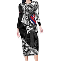 Personalised Hawaii Prince Kuhio Family Matching Long Sleeve Bodycon Dress and Hawaiian Shirt Hawaiian Maile Lei LT05 Mom's Dress Black - Polynesian Pride