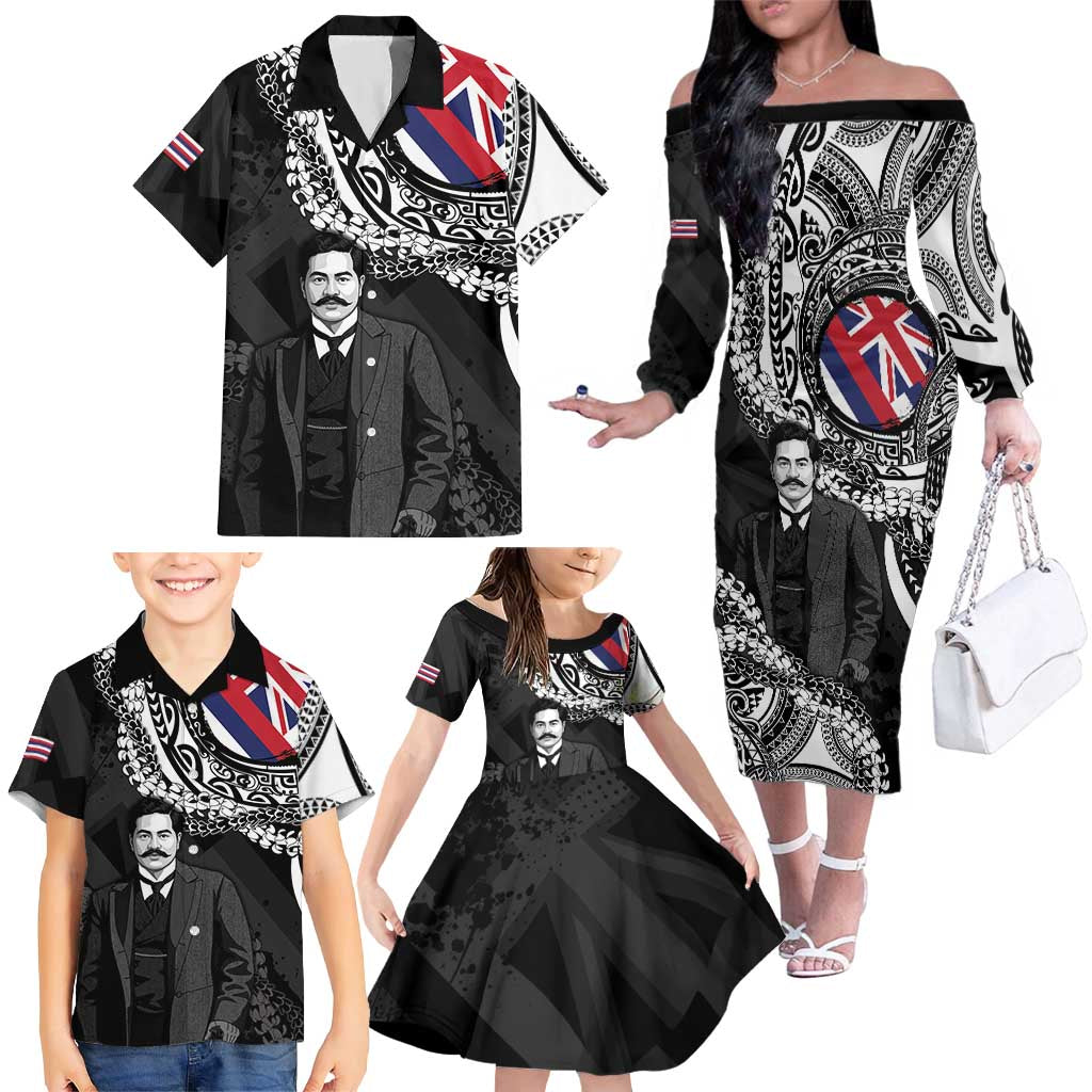 Personalised Hawaii Prince Kuhio Family Matching Off The Shoulder Long Sleeve Dress and Hawaiian Shirt Hawaiian Maile Lei