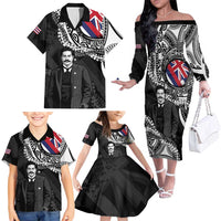 Personalised Hawaii Prince Kuhio Family Matching Off The Shoulder Long Sleeve Dress and Hawaiian Shirt Hawaiian Maile Lei LT05 - Polynesian Pride