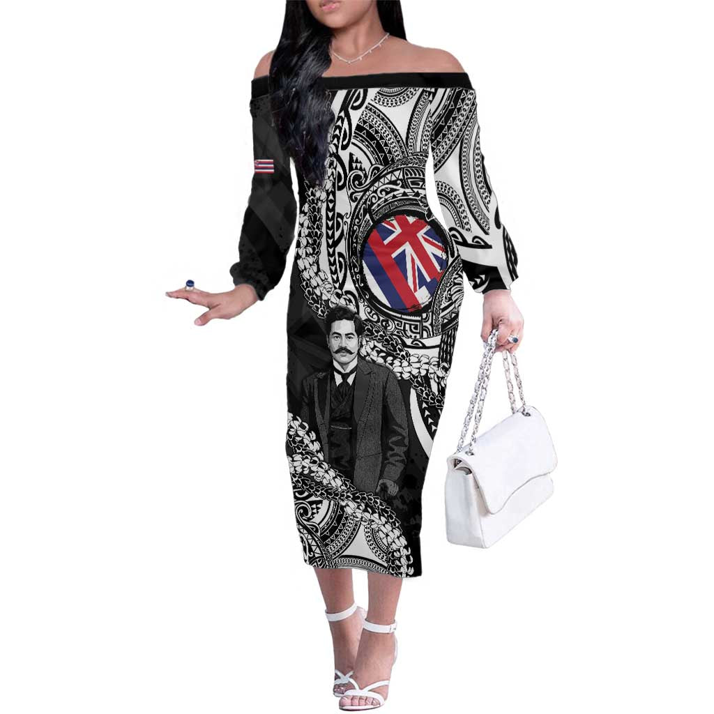 Personalised Hawaii Prince Kuhio Family Matching Off The Shoulder Long Sleeve Dress and Hawaiian Shirt Hawaiian Maile Lei LT05 Mom's Dress Black - Polynesian Pride