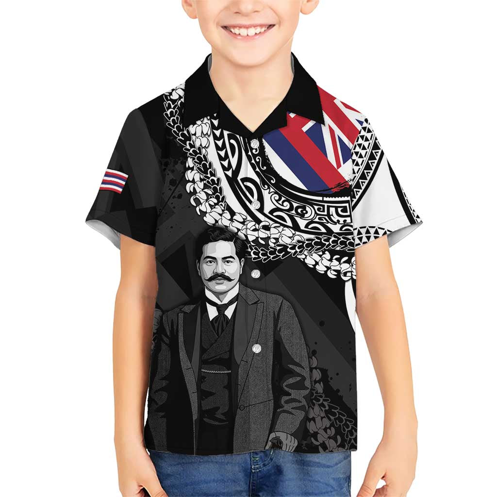 Personalised Hawaii Prince Kuhio Family Matching Off Shoulder Maxi Dress and Hawaiian Shirt Hawaiian Maile Lei LT05 Son's Shirt Black - Polynesian Pride