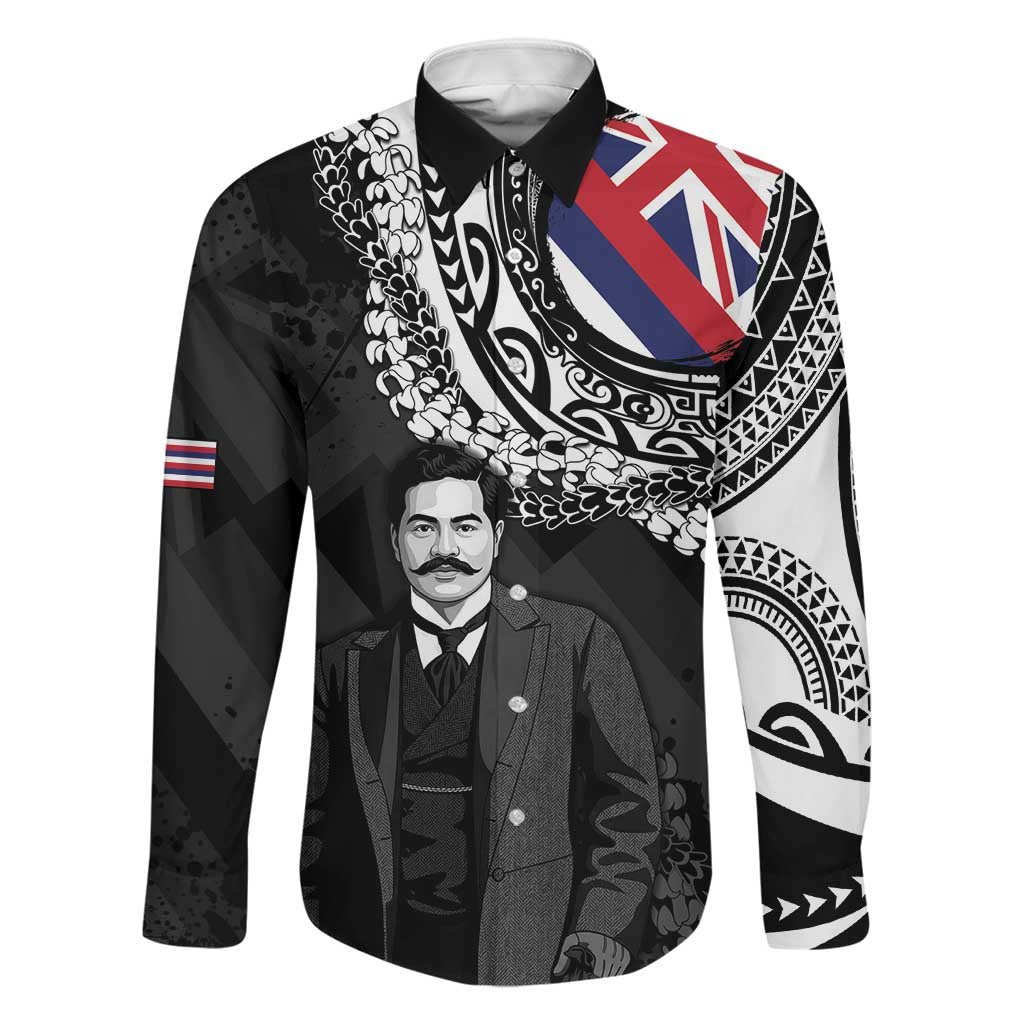 Personalised Hawaii Prince Kuhio Family Matching Off Shoulder Short Dress and Hawaiian Shirt Hawaiian Maile Lei LT05 Dad's Shirt - Long Sleeve Black - Polynesian Pride
