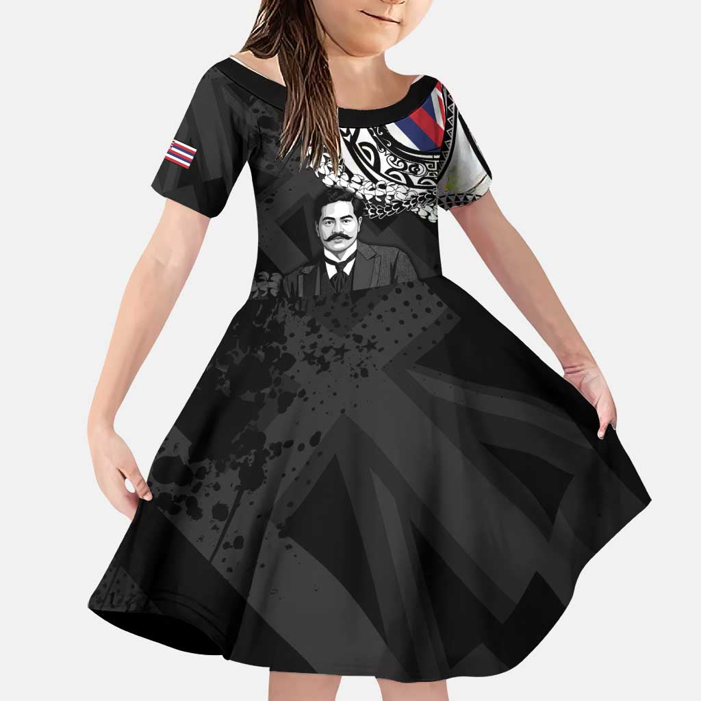Personalised Hawaii Prince Kuhio Family Matching Summer Maxi Dress and Hawaiian Shirt Hawaiian Maile Lei LT05 Daughter's Dress Black - Polynesian Pride