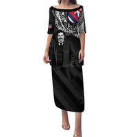 Personalised Hawaii Prince Kuhio Puletasi Hawaiian Maile Lei LT05 Long Dress Black - Polynesian Pride