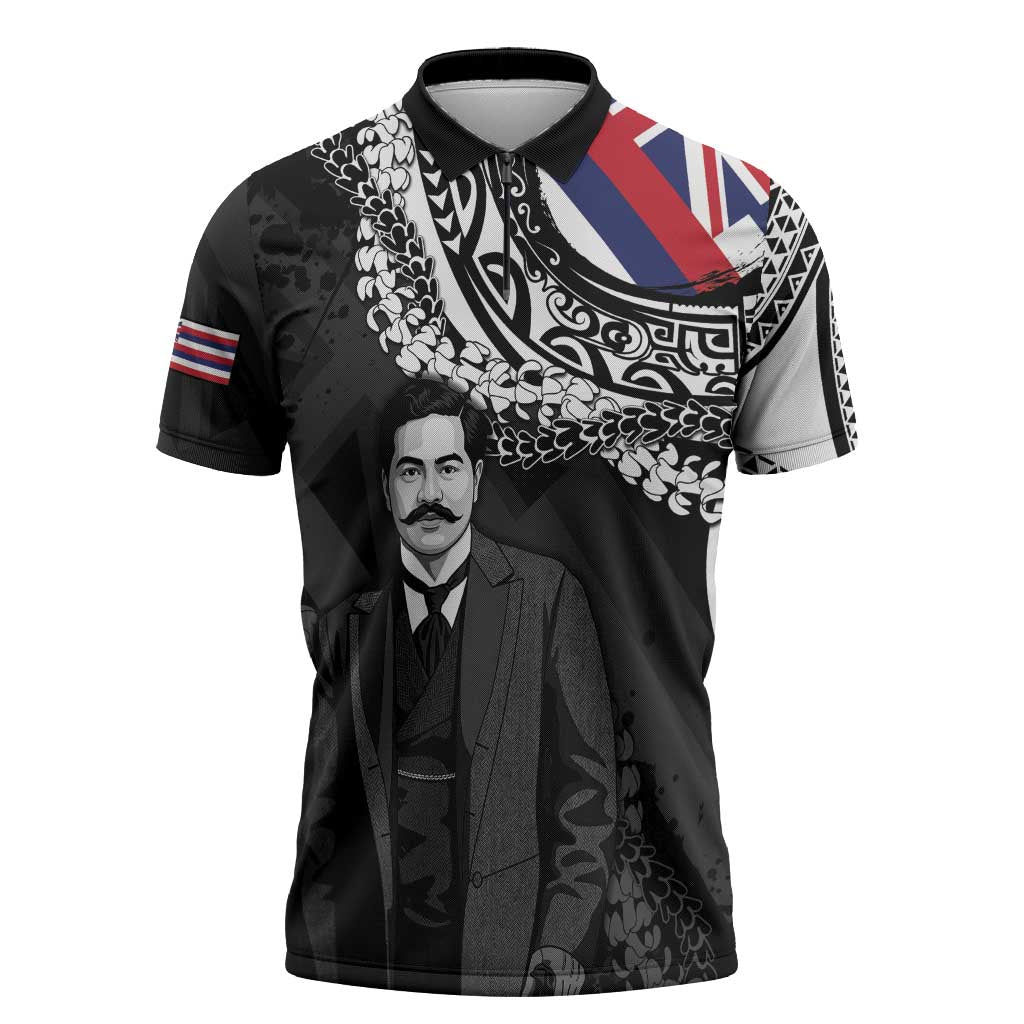 Personalised Hawaii Prince Kuhio Zipper Polo Shirt Hawaiian Maile Lei LT05 Black - Polynesian Pride