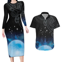New Zealand Matariki Couples Matching Long Sleeve Bodycon Dress and Hawaiian Shirt Pleiades Star Cluster Blue Galaxy LT05 Blue - Polynesian Pride