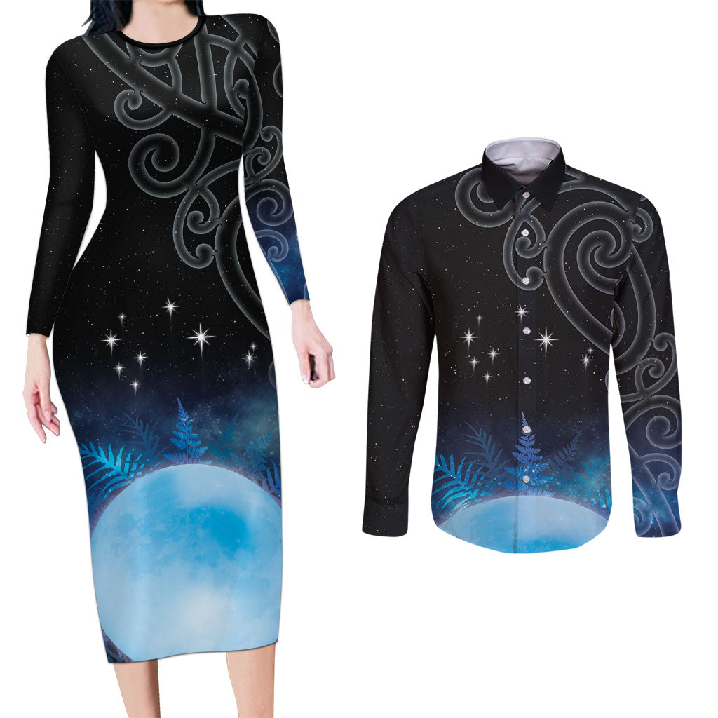 New Zealand Matariki Couples Matching Long Sleeve Bodycon Dress and Long Sleeve Button Shirt Pleiades Star Cluster Blue Galaxy LT05 Blue - Polynesian Pride