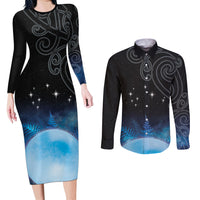 New Zealand Matariki Couples Matching Long Sleeve Bodycon Dress and Long Sleeve Button Shirt Pleiades Star Cluster Blue Galaxy LT05 Blue - Polynesian Pride