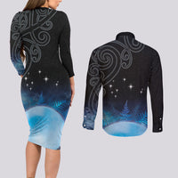 New Zealand Matariki Couples Matching Long Sleeve Bodycon Dress and Long Sleeve Button Shirt Pleiades Star Cluster Blue Galaxy LT05 - Polynesian Pride