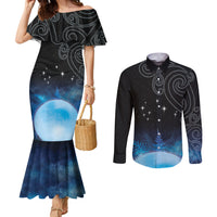 New Zealand Matariki Couples Matching Mermaid Dress and Long Sleeve Button Shirt Pleiades Star Cluster Blue Galaxy LT05 Blue - Polynesian Pride