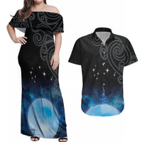 New Zealand Matariki Couples Matching Off Shoulder Maxi Dress and Hawaiian Shirt Pleiades Star Cluster Blue Galaxy LT05 Blue - Polynesian Pride