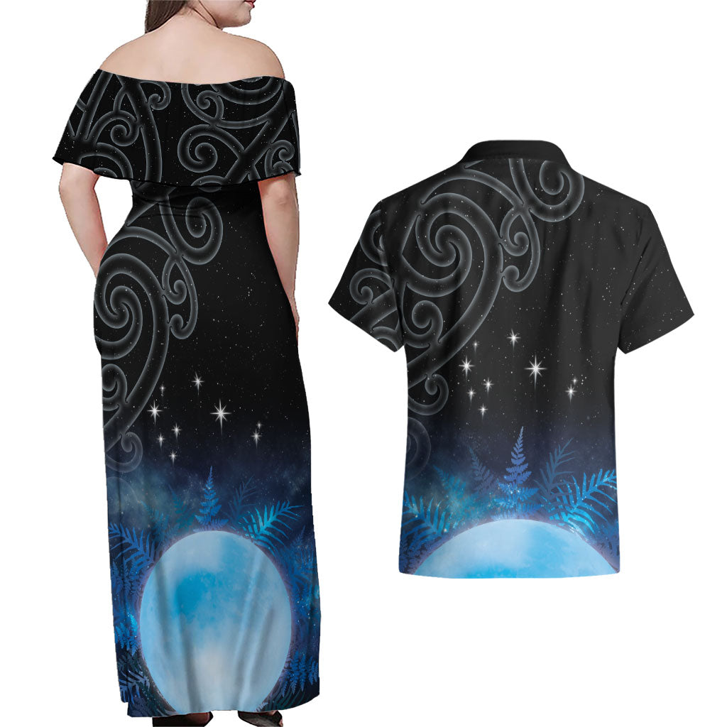 New Zealand Matariki Couples Matching Off Shoulder Maxi Dress and Hawaiian Shirt Pleiades Star Cluster Blue Galaxy LT05 - Polynesian Pride