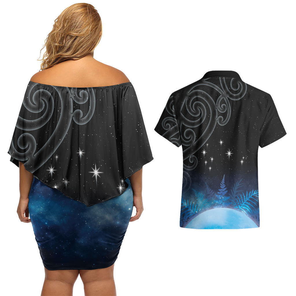 New Zealand Matariki Couples Matching Off Shoulder Short Dress and Hawaiian Shirt Pleiades Star Cluster Blue Galaxy LT05 - Polynesian Pride
