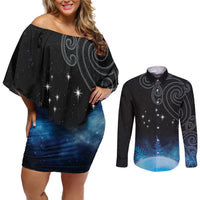 New Zealand Matariki Couples Matching Off Shoulder Short Dress and Long Sleeve Button Shirt Pleiades Star Cluster Blue Galaxy LT05 Blue - Polynesian Pride
