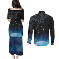 New Zealand Matariki Couples Matching Puletasi and Long Sleeve Button Shirt Pleiades Star Cluster Blue Galaxy LT05 - Polynesian Pride