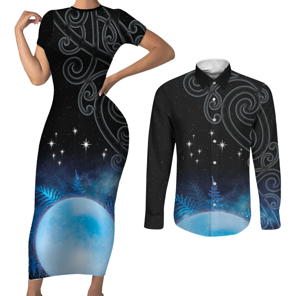 New Zealand Matariki Couples Matching Short Sleeve Bodycon Dress and Long Sleeve Button Shirt Pleiades Star Cluster Blue Galaxy LT05 Blue - Polynesian Pride