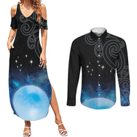 New Zealand Matariki Couples Matching Summer Maxi Dress and Long Sleeve Button Shirt Pleiades Star Cluster Blue Galaxy LT05 Blue - Polynesian Pride