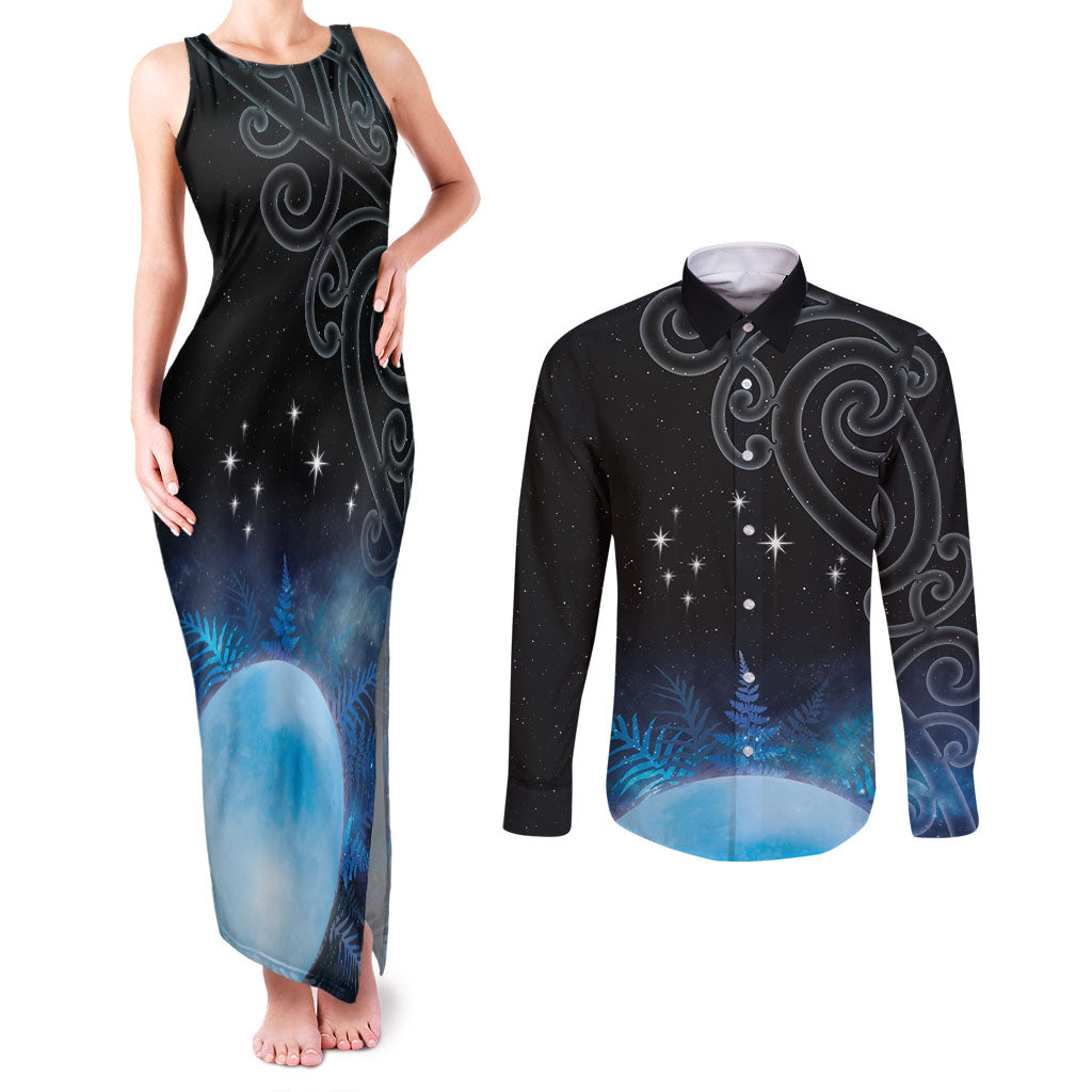 New Zealand Matariki Couples Matching Tank Maxi Dress and Long Sleeve Button Shirt Pleiades Star Cluster Blue Galaxy LT05 Blue - Polynesian Pride