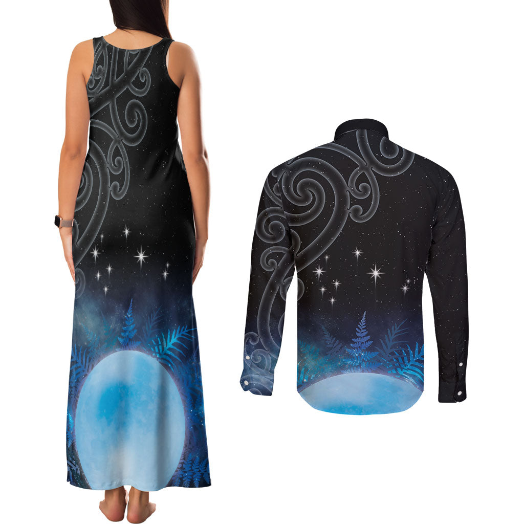 New Zealand Matariki Couples Matching Tank Maxi Dress and Long Sleeve Button Shirt Pleiades Star Cluster Blue Galaxy LT05 - Polynesian Pride