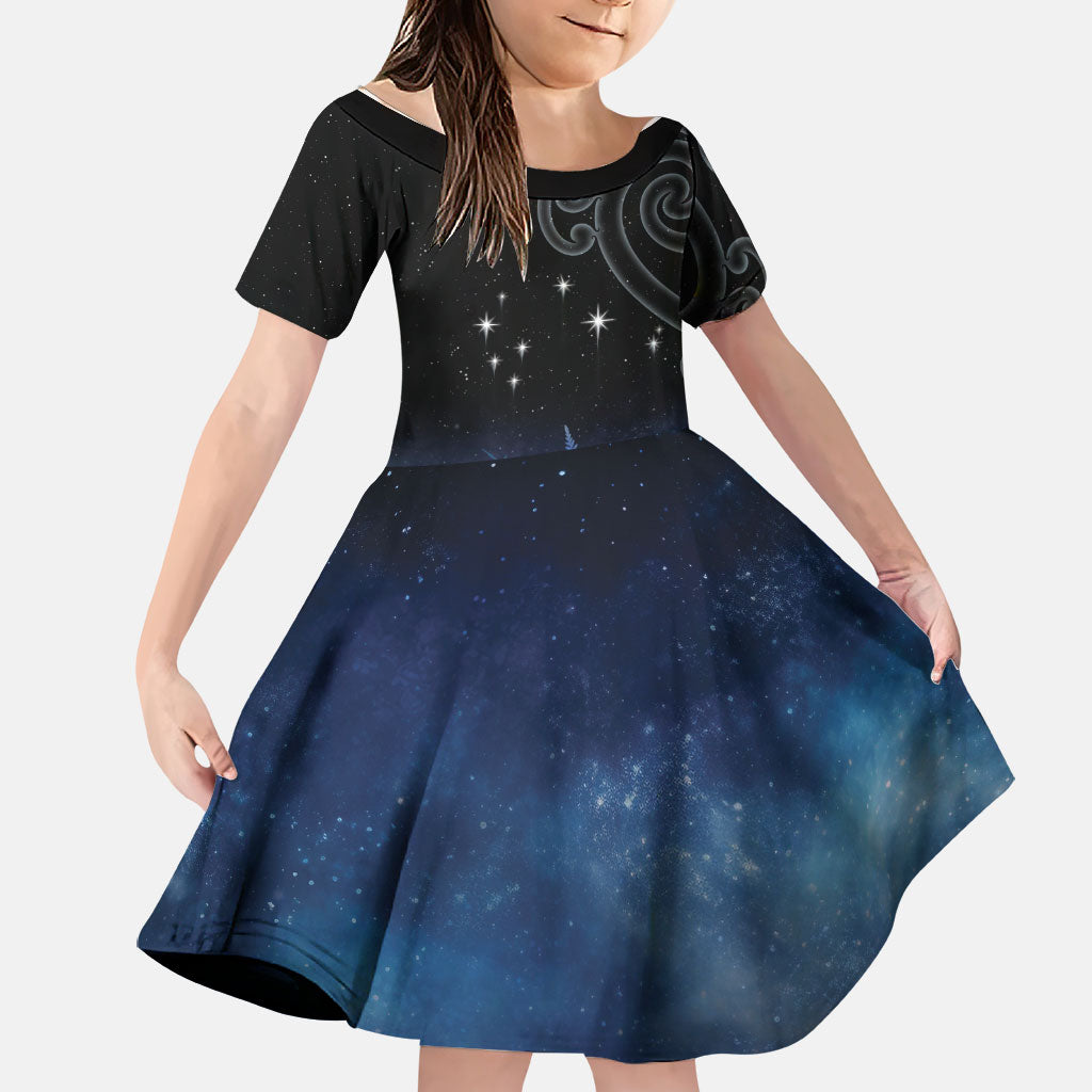 New Zealand Matariki Family Matching Long Sleeve Bodycon Dress and Hawaiian Shirt Pleiades Star Cluster Blue Galaxy LT05 Daughter's Dress Blue - Polynesian Pride