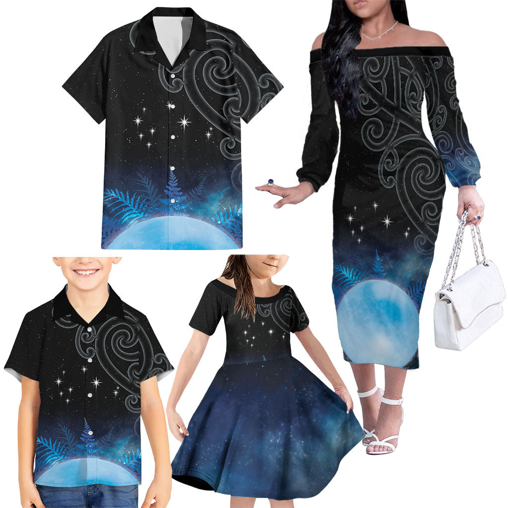 New Zealand Matariki Family Matching Off The Shoulder Long Sleeve Dress and Hawaiian Shirt Pleiades Star Cluster Blue Galaxy LT05 - Polynesian Pride