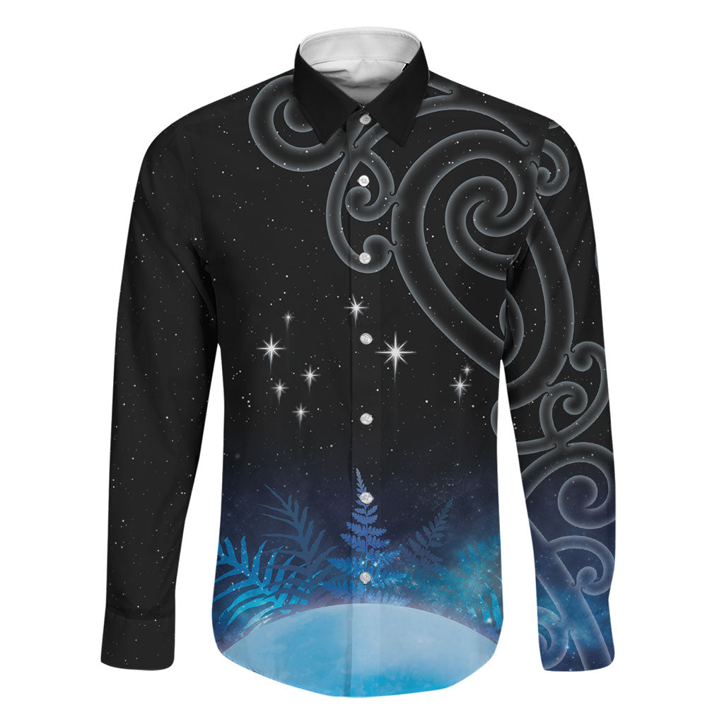 New Zealand Matariki Family Matching Off The Shoulder Long Sleeve Dress and Hawaiian Shirt Pleiades Star Cluster Blue Galaxy LT05 Dad's Shirt - Long Sleeve Blue - Polynesian Pride