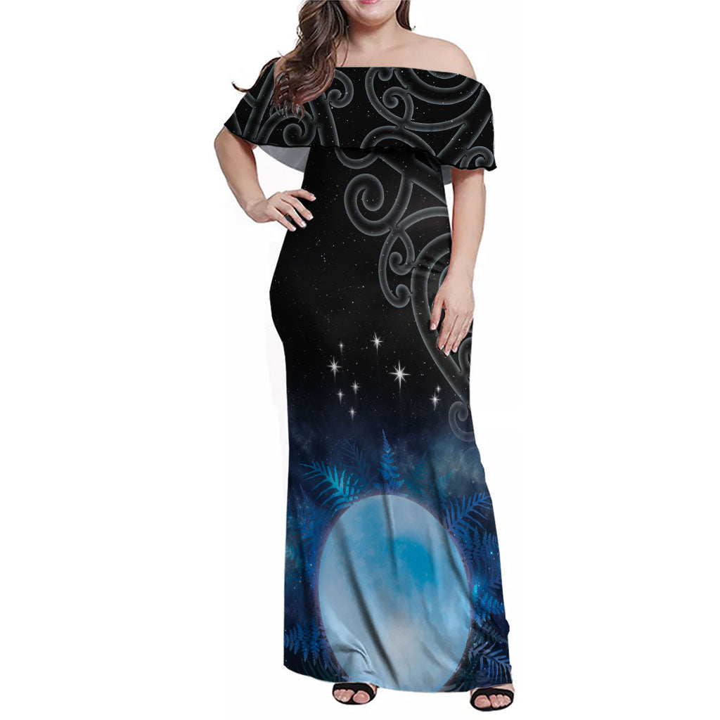 New Zealand Matariki Family Matching Off Shoulder Maxi Dress and Hawaiian Shirt Pleiades Star Cluster Blue Galaxy LT05 Mom's Dress Blue - Polynesian Pride