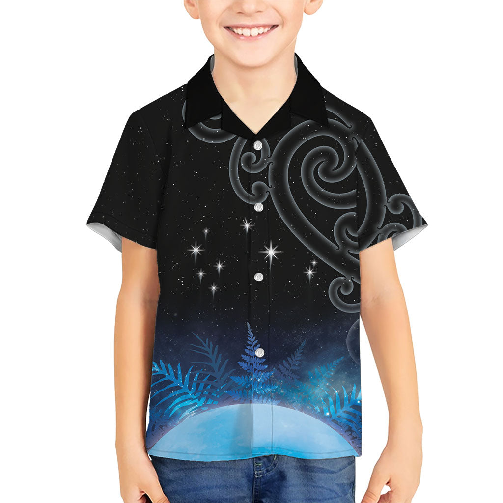 New Zealand Matariki Family Matching Off Shoulder Short Dress and Hawaiian Shirt Pleiades Star Cluster Blue Galaxy LT05 Son's Shirt Blue - Polynesian Pride