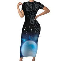 New Zealand Matariki Family Matching Short Sleeve Bodycon Dress and Hawaiian Shirt Pleiades Star Cluster Blue Galaxy LT05 Mom's Dress Blue - Polynesian Pride