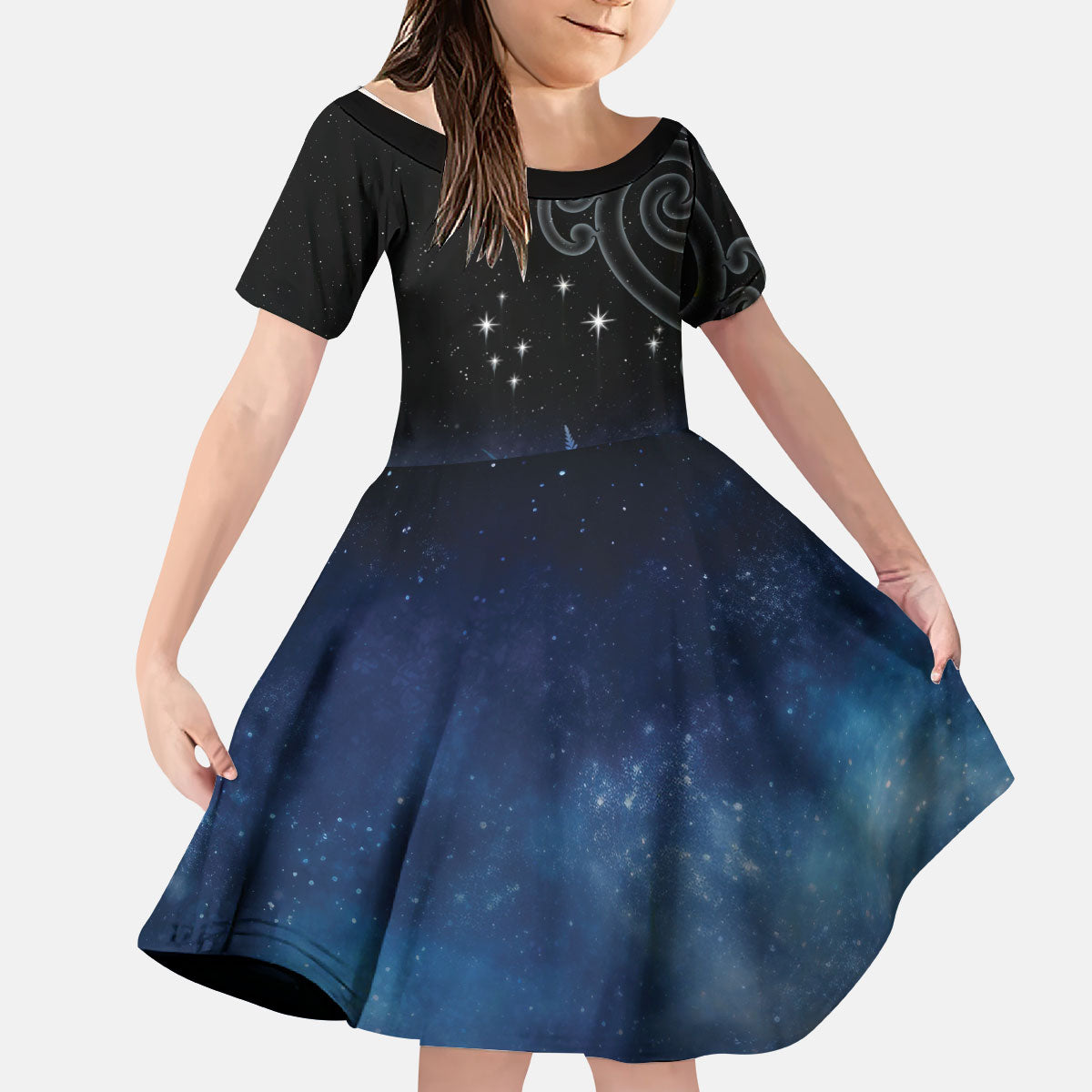 New Zealand Matariki Kid Short Sleeve Dress Pleiades Star Cluster Blue Galaxy LT05 KID Blue - Polynesian Pride