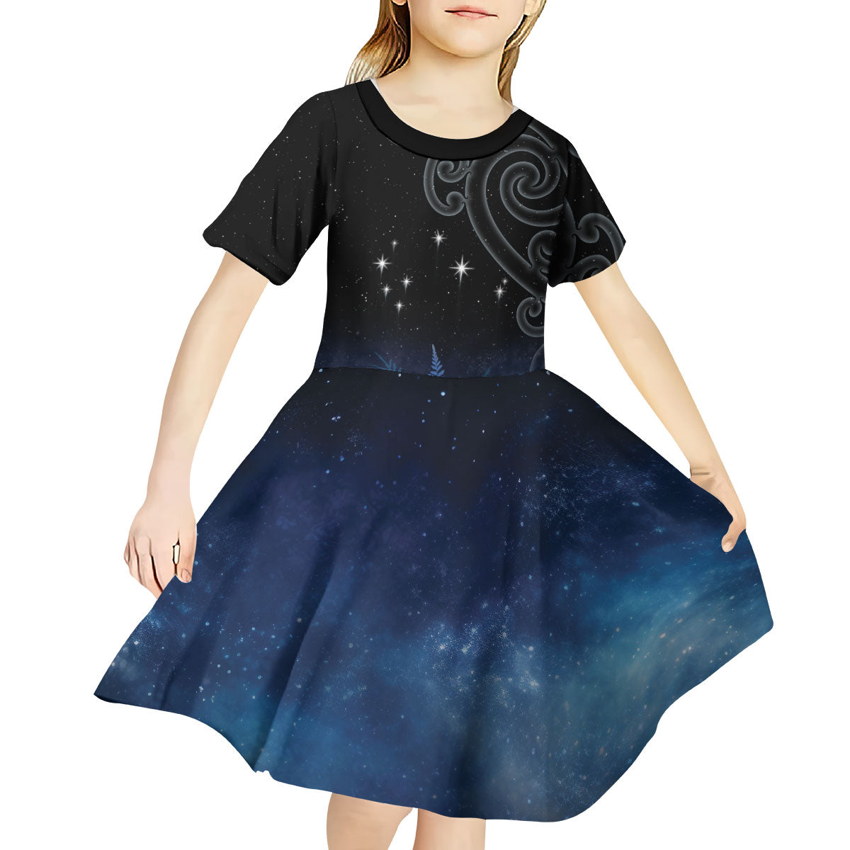 New Zealand Matariki Kid Short Sleeve Dress Pleiades Star Cluster Blue Galaxy LT05 - Polynesian Pride