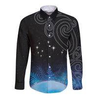 New Zealand Matariki Long Sleeve Button Shirt Pleiades Star Cluster Blue Galaxy