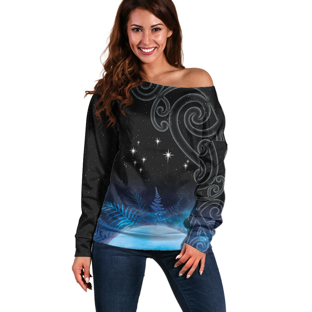 New Zealand Matariki Off Shoulder Sweater Pleiades Star Cluster Blue Galaxy LT05 Women Blue - Polynesian Pride