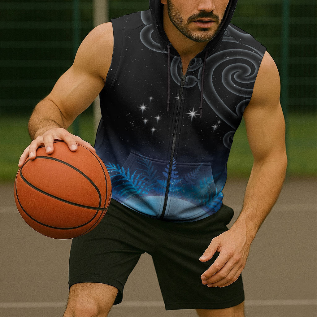 New Zealand Matariki Sleeveless Zip Hoodie Pleiades Star Cluster Blue Galaxy LT05 - Polynesian Pride